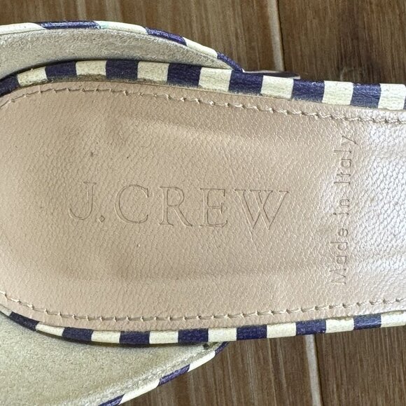 J. Crew Leather Light Cream Navy Stripe Ankle Strap Open Toe Block Heel Sandals - Picture 14 of 16